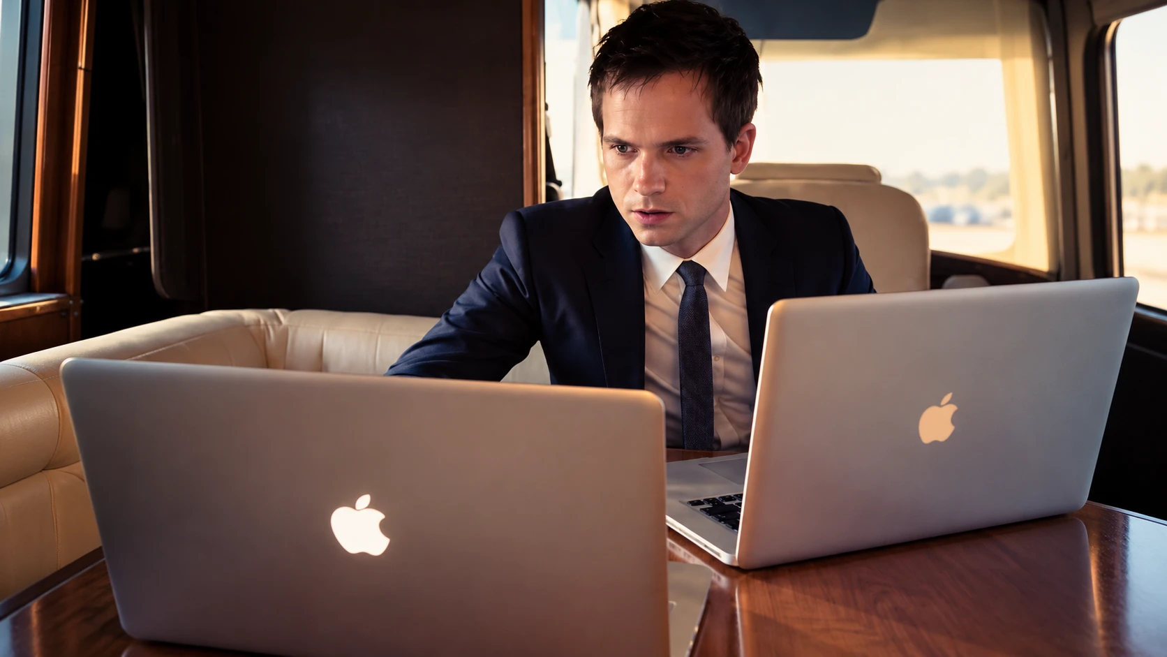 Me, allegedly: a man in a navy suit frowning at two laptops at once